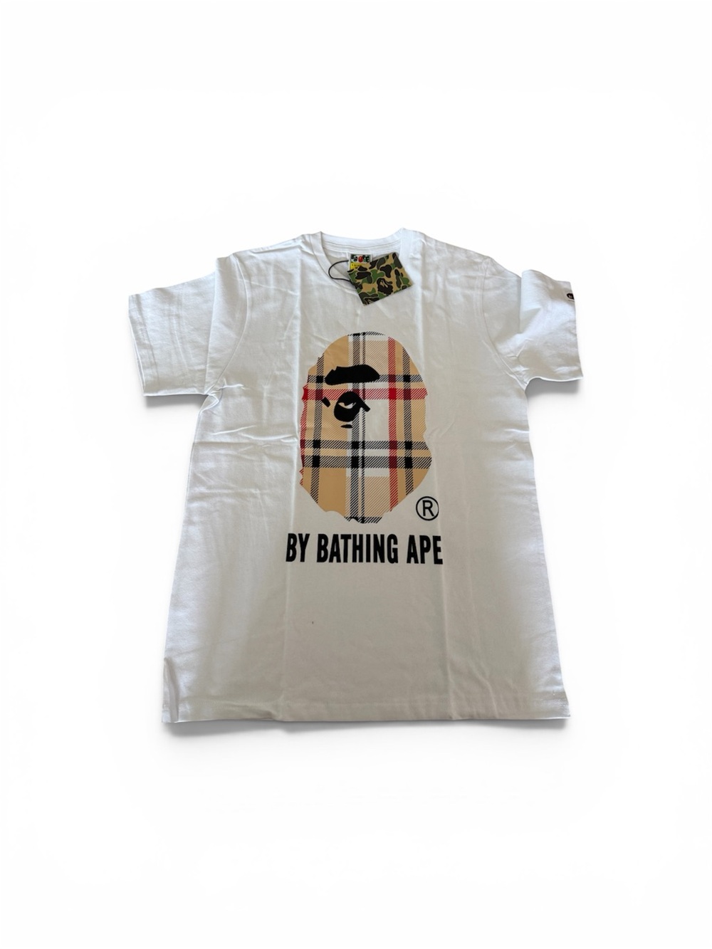 A Bathing Ape White Tee with Plaid Ape Head Logo